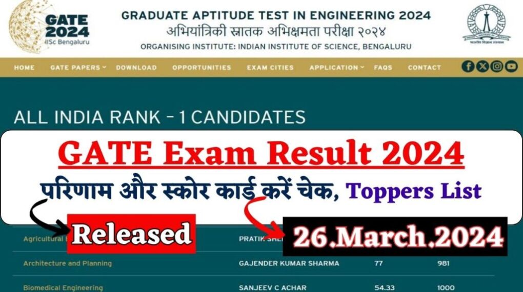GATE Exam Result 2024 (Released): अपना परिणाम और स्कोर कार्ड करें चेक, Toppers List 1 GATE Exam Result 2024